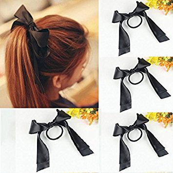 Fashion Women Black Rope Ribbon Bow Knot Elastic Hairband Ponytail Scrunchie Holder (Black)