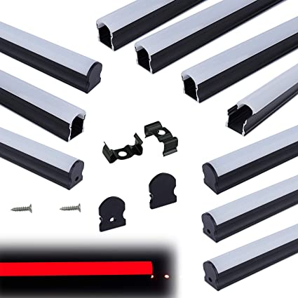 Muzata 10-Pack 3.3ft/1Meter 17x20mm U Shape Spotless Black LED Aluminum Channel System with 60° Curved Plexiglass Milky White Neon Effect Cover Diffuser, U108 1M BW,LN1