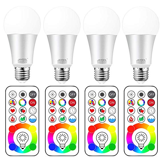 Jayool E26 Color Changing Light Bulb With Remote Control, 120 Color Choices and Timing, Dimmable, RGB Daylight White(6000K) (4 Pack)
