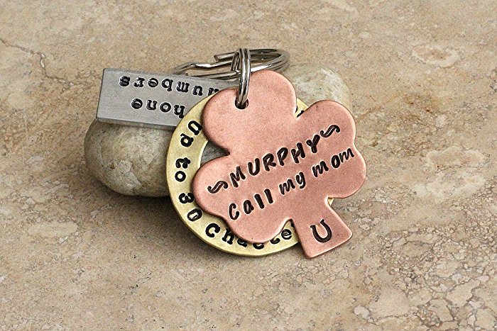 Shamrock 3 piece pet tag or key chain personalized to fit dog or human name, address, and 2 phone numbers. Copper, Brass, and silver