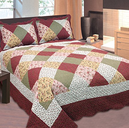 Mk Collection Full/queen Size 3pc Bedspread Floral Patchwork Off White Burgundy Pink Beige Coverlet Set New 0015001