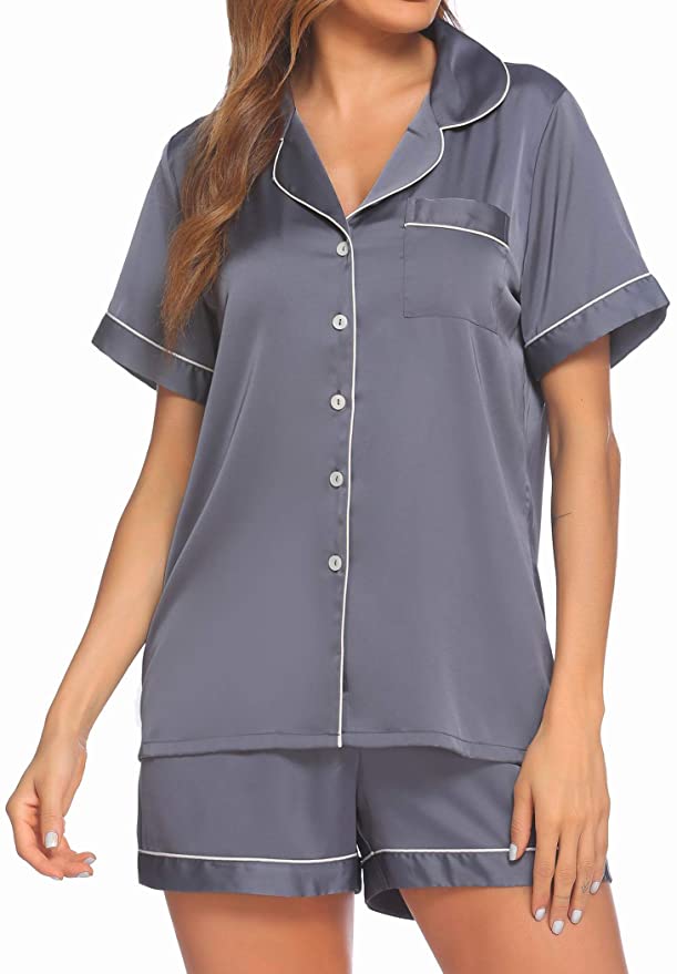 Ekouaer Satin Pajamas Women's Silk Soft Sleepwear Short Sleeve Button Down Loungewear Pjs Shorts Set S-XXL