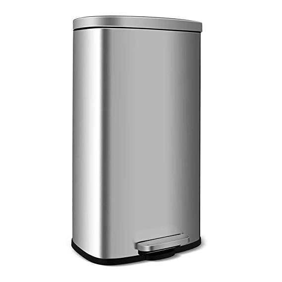 HEMBOR 8 Gallon(30L) Trash Can, Brushed Stainless Steel Rectangular Garbage Bin with Lid and Inner Buckets, Soft Step Slow and Silent Open Close Dustbin, Suit for Home Bathroom, Kitchen and Office