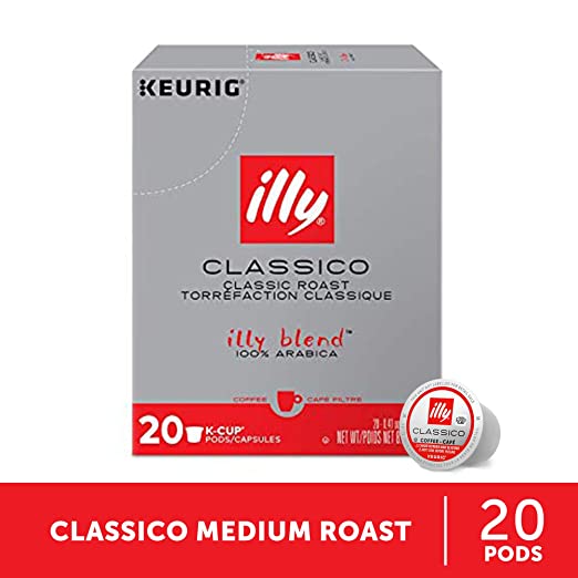 Illy  Coffee, Smooth and Balanced, Medium Roast Coffee K-Cups, Made with 100% Arabica Coffee, All-Natural, No Preservatives, Coffee Pods for Keurig Coffee Machines, Classico, 20 Count