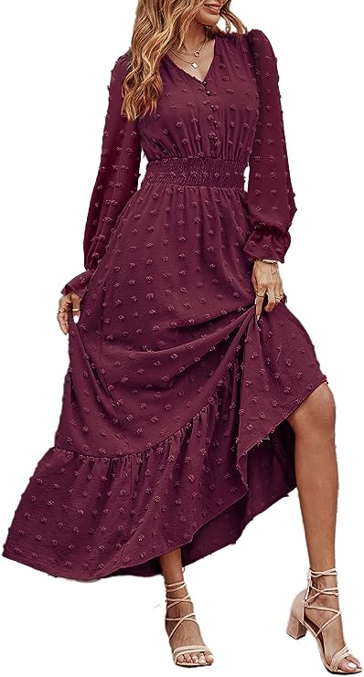 MASCOMODA Women Boho Maxi Dress 2023 Long Sleeve V Neck Swiss Dot Smocked High Waisted A-Line Ruffle Tiered Fall Long Dress