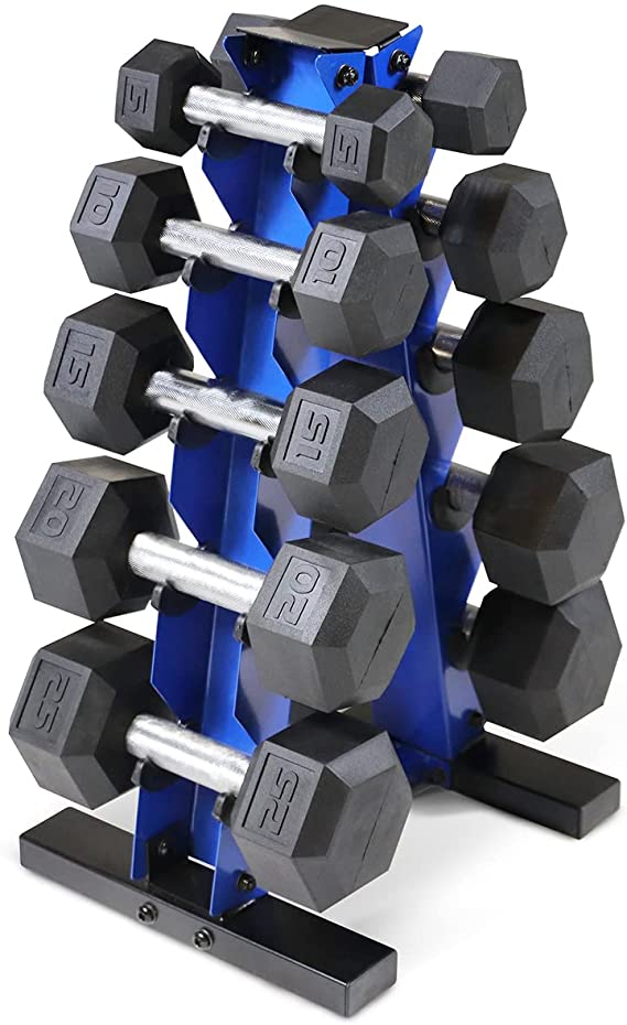 WF Athletic Supply 5-25Lb Rubber Coated Hex Dumbbell Set with A Frame Storage Rack Non-Slip Hex Shape for Muscle Toning, Strength Building & Weight Loss - Multiple Choices Available