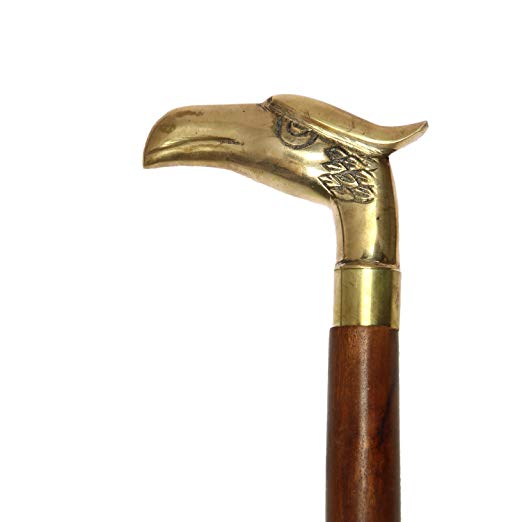 Wooden Eagle Shaped Walking Stick - 37 inch Vintage Ebony Brown Sheesham Wood Decorated with Golden Handle