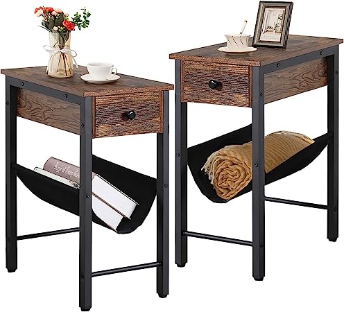 VECELO Side, Narrow Nightstand 2 Sets with Magazine Holder, 24 Inch Industrial Snack Desk for Small Spaces, Living Room, Bedroom, End Table with Drawer, Brown