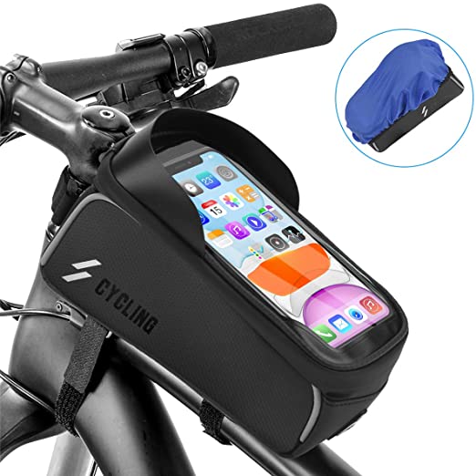 Osaloe Bike Frame Bag, Waterproof Bike Pouch Bag, Mobile Phone Touch Screen Holder Bike Bag with Headphone Hole, Multifunction Repair Tool Set Bag