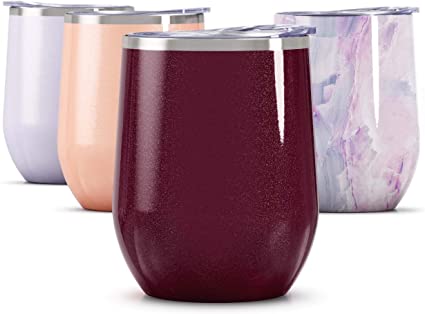Maars Bev Steel Stemless Wine Glass Tumbler, 12 oz | Double Wall Vacuum Insulated - Glitter Rosewood