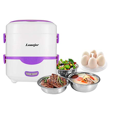 Lomejor Self Cooking Electric Lunch Box, Mini Rice Cooker, Multi-function Cooking Steaming Lunch Box for Home Office School Cook Raw Food, 1.5L/110V/ Purple