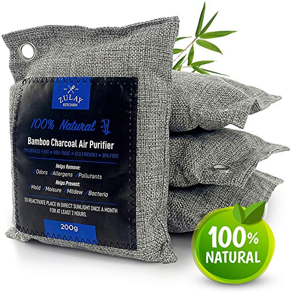 Zulay Eco-Friendly Green Charcoal Bags (4 Packs) - Activated Charcoal Bags Natural Air Purifier 200g - Natural Bamboo Air Purifying Charcoal Bags for Room, Closet, Gym Bag, Car, and More