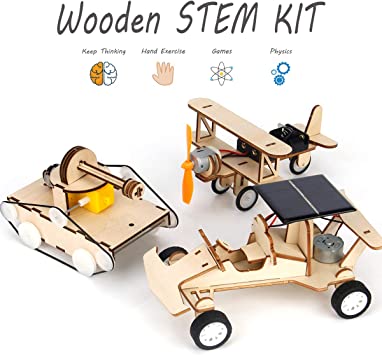 3D Wooden Puzzle Solar Car, 3-in-1 STEM Science Kit Toy to Build Wood Models Including Solar Power Vehicle Electronic Tank and Plane Toys Set, DIY Educational Play Set for Aldults, Kids, Boys & Girls