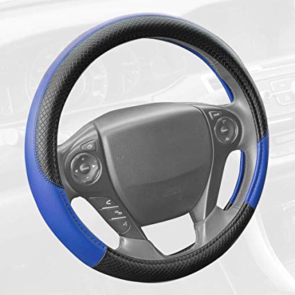 Motor Trend SW-807-BL Blue Synthetic Leather Steering Wheel Cover-Cross Diamond Stitching-Two Tone Sport Grip