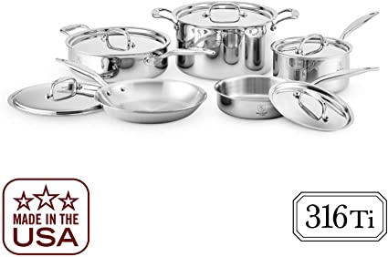 Heritage Steel 10 Piece Cookware Set - Titanium Strengthened 316Ti Stainless Steel with 7-Ply Construction - Induction-Ready and Dishwasher-Safe, Made in USA