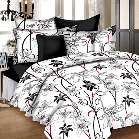 Ahmedabad Cotton Aspire 180 TC Sateen Double Bedsheet with 2 Pillow Covers - White and Black