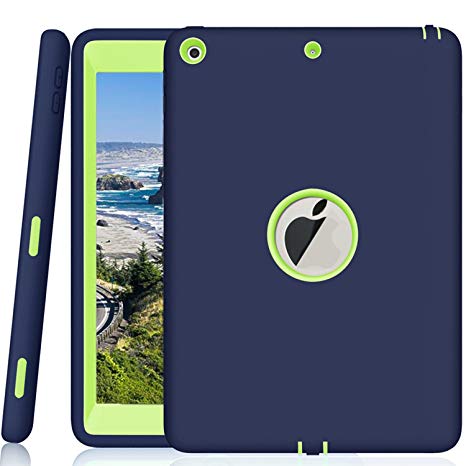 Qelus iPad 9.7 2018 Case, New iPad 2017 9.7 inch Case Heavy Duty Rugged Shockproof Three Layer Armor Defender Impact Resistant Protective Case Cover for Apple New iPad 9.7 Inch-Navy Blue/Green