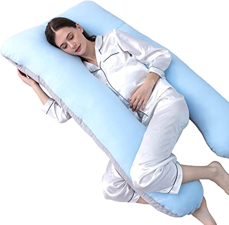 Yalamila Pregnancy Pillow with Cotton Cover, U Shaped Full Maternity Body Pillow for Sleeping, Support for Back, Hips, Legs, Belly for Pregnant Women (Blue Grey, 55 x 28 inches)
