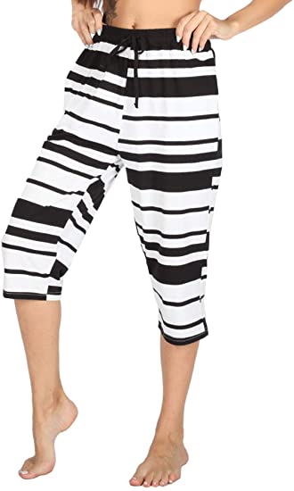 WEWINK CUKOO Women Pajama Capri Pants 100% Cotton Lounge Pants with Pockets Sleepwear