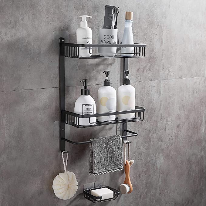 Gricol 2 Tier Bathroom Square Shower Shelf Caddy No Drilling Adhesive Wall Mounted Aluminum Storage Organizer Center with Built-In Washcloth Bar for Bathroom Kitchen FREE SOAP DISH Black