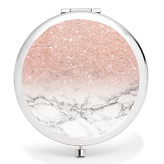 BYBART Metal Compact Mirror, 2-Sided with 2X and 1X Magnifying Handheld Makeup Mirror - Perfect for Purse Pocket Travel - Pink Marble