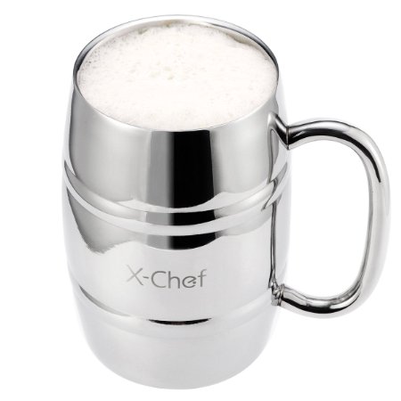 Stainless Steel Beer Mug X-Chef 14Oz Double Wall Air Insulated Beer and Beverage Mug  Coffee Cup - Keep Your Beer Colder and Coffee Hotter Longer Brushed Steel