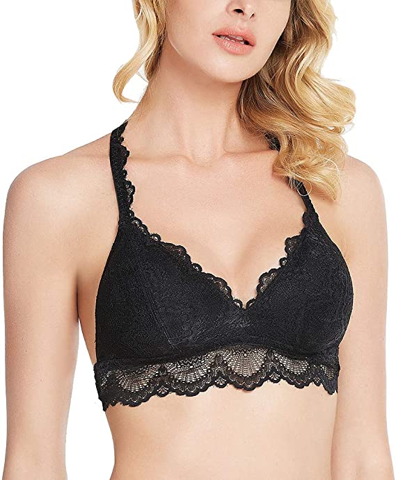 Eve's Temptation Aditi Floral Lace Wireless Bras for Women Wirefree Deep V Sleep Bralette Removable Pads
