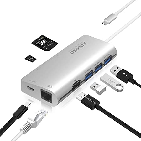 USB C Hub, ADLOKO 8-in-1 Type C Adapter with HDMI 4K, Gigabit Ethernet, SD/TF Card Reader, 3 USB 3.0, USB C Charging&Data Port for Matebook, MacBook Pro 2017/2016, Google ChromeBook Pixel (Sliver)