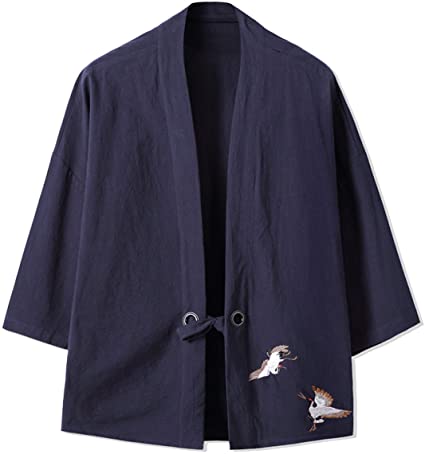 PRIJOUHE Men's Japanese Fashion Kimono Cardigan Plus Size Jacket Yukata Casual Cotton Linen Seven Sleeve Lightweight