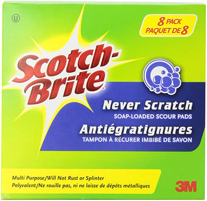 Scotch-Brite Scour Pad, 8 Pack, Soap Loaded, Never Scratch Scrub Pad