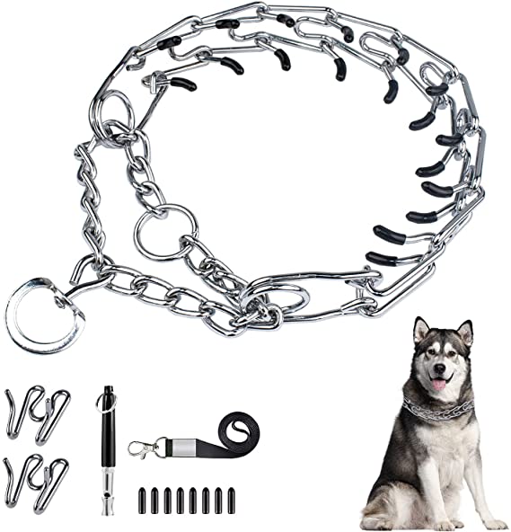 Dog Prong Traing Collar, ivienx Choke Pinch Collar for Dogs [2 Extra Links][Dog Whistle][Quick Release] with Martingale Chain and Rubber Caps, No Pull Dog Collar for Medium Large Breed Dogs