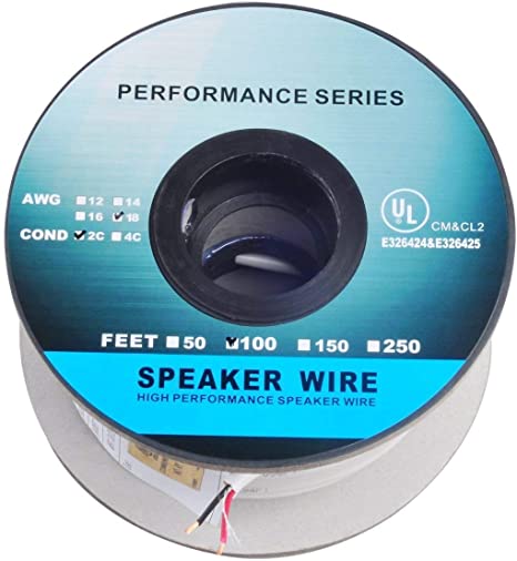 100ft (30m) Pro Series 18 Gauge 2-Conductor Speaker Wire (100 Feet / 30 Meter) White 99.9% Oxygen Free Copper ETL Listed & CL2 Rated with White PVC Jacket (for in-Wall Installation)