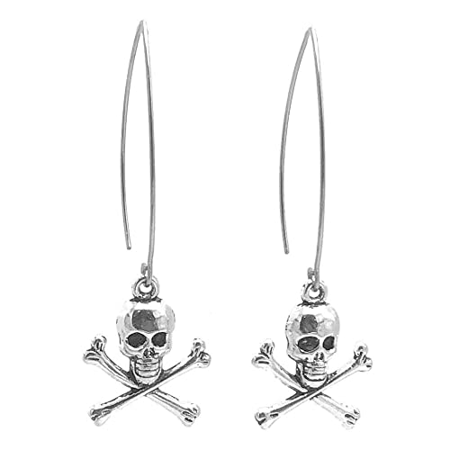 Pirate Skull Threader Charm Earrings in Silver Tone and Stainless Steel