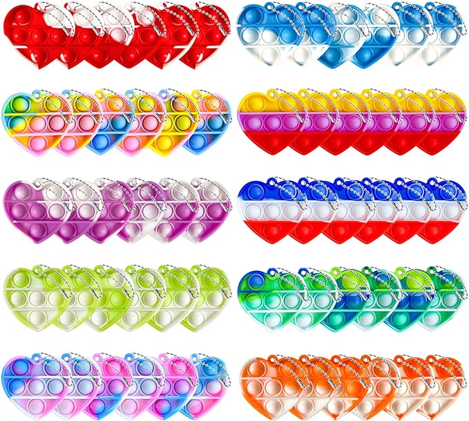 Valentine's Day Gifts for Kids Heart Mini Pop Push it Fidget Toy Keychain for Kids Adults, Party Favors Mini Pop Push it Bubble Fidget Sensory Toys Office Desk Toy（60pcs