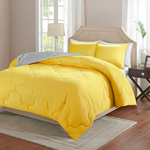 Comfort Spaces – Vixie Reversible Down Alternative Comforter Mini Set - 2 Piece – Yellow and Grey – Stitched Geometrical Pattern – Twin / Twin XL size, includes 1 Comforter, 1 Sham