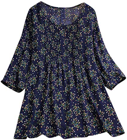 Remiel Womens Casual Linen Blouse Plus Size Loose 3/4 Sleeve Floral Print Button Tunic Shirt Blouse