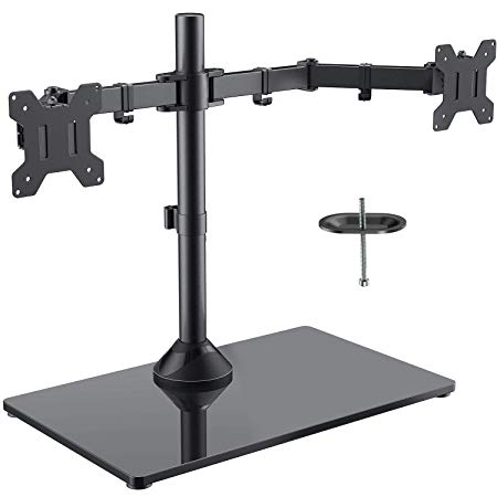 Freestanding Dual Monitor Stand - Adjustable Monitor Mount with Glass Base, Fits 2 Screens up to 27 Inch, Holds up to 22lbs per Arm