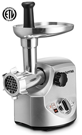 Gourmia GMG7100 Prime Plus Commercial Grade Meat Grinder Variety of Sausage Funnels, Kibbeh Attachment and Metal Grinding Plates Recipe Book Included 800 Watts ETL Approved 2200 Watts Max.