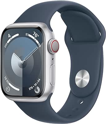 Apple Watch Series 9 [GPS   Cellular 41mm] Smartwatch with Silver Aluminum Case with Storm Blue Sport Band M/L. Fitness Tracker, ECG Apps, Always-On Retina Display