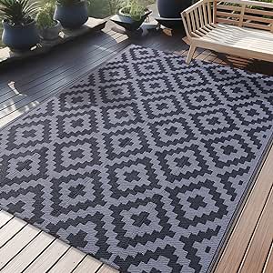 OLANLY Waterproof Outdoor Rug 5x8 ft, Reversible Plastic Straw Patio Rug for Camping, RV Mat Outside, Indoor Outdoor Carpet for Porch, Deck, Backyard, Camper, Balcony, Picnic, Black & Grey