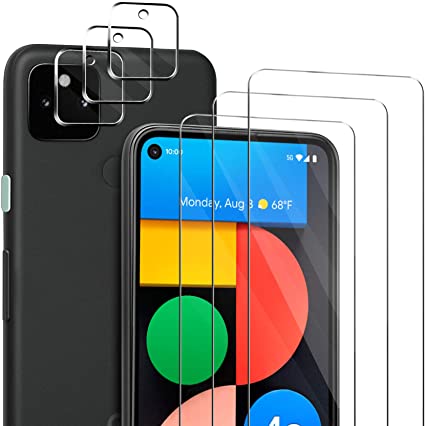 [6 Pack] ivencase Compatible for 3 Pack Google Pixel 4a 5G Glass Screen Protector and 3 Pack Camera Lens Protector for Google Pixel 4a 5G (Not Fit Google Pixel 4A), [No-Bubble] [9H Hardness] HD Clear