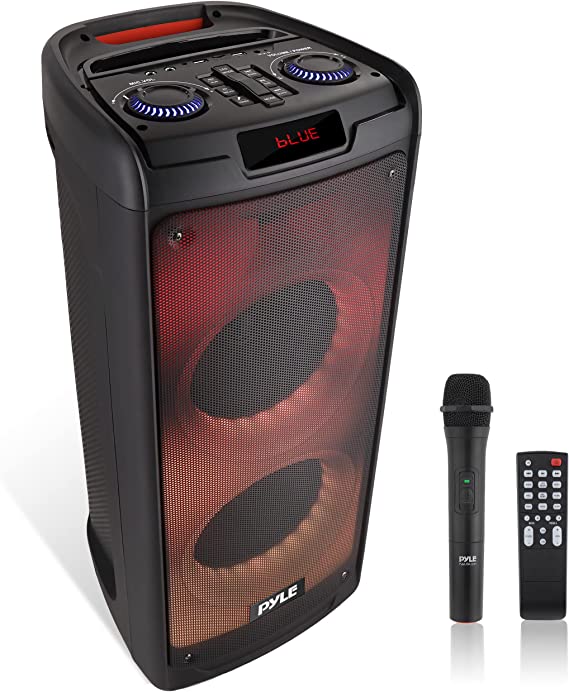 Pyle Portable Bluetooth PA Speaker System - 500W Rechargeable Indoor Outdoor Stereo w/Dual 8” Woofer & Tweeter, Audio Recording, Wireless Microphone, Flaming Light, Radio, MP3/USB/Micro SD, Remote