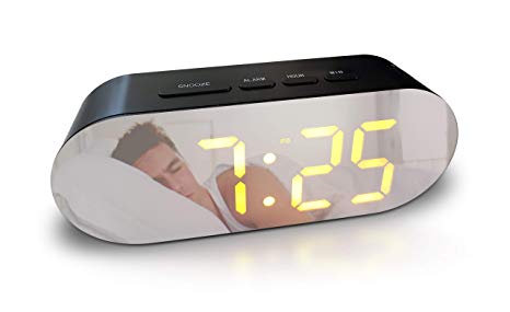 Digital Alarm Clock - Mains Powered, No Frills Simple Operation Alarm Clocks, Bedside Alarm, Snooze, Non Ticking, Full Range Brightness Dimmer, Big Digit Mirror Display, Two USB Charging Ports (Black)