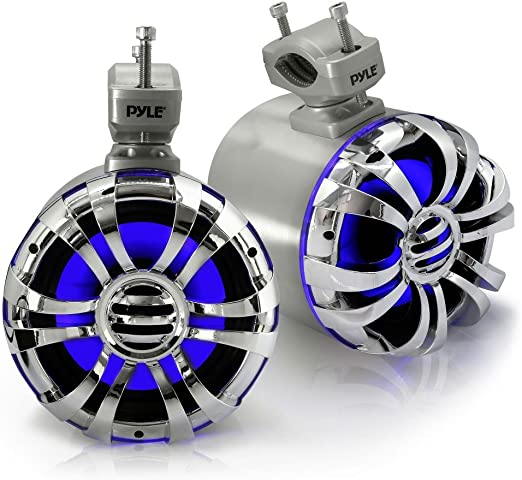 Pyle Marine Speakers - 5.25 Inch Waterproof IP44 Rated Wakeboard Tower and Weather Resistant Outdoor Audio Stereo Sound System with Built-in LED Lights - 1 Pair in Silver (PLMRWB50L)