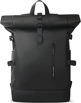 K&H Backpack Mens Womens 15.6 inch Laptop Backpack 28L with USB-charging Port Water-resistant Anti-theft Rucksack Roll Top Backpack Travel Hiking Camping College School Work Large Bag, Black