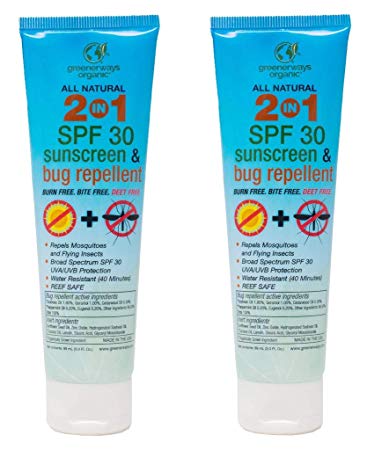 Greenerways Organics 2 in 1 Sunscreen and Bug Repellent, DEET-Free, Reef Safe, 3 oz (2 Pack)