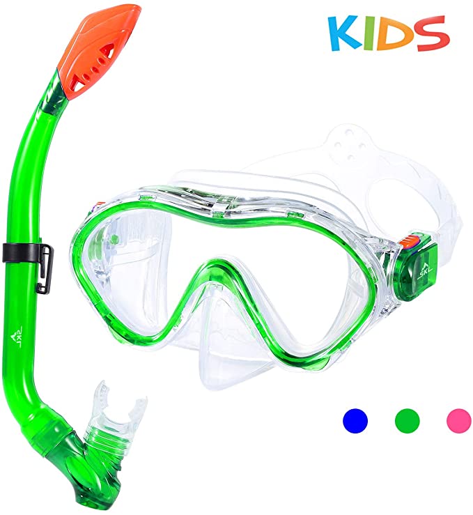 SKL Kids Snorkel Set Dry Top Snorkel Mask Snorkeling Gear Anti-Fog Anti-Leak Scuba Diving Mask and Snorkel Set for Children, Boys, Girls, Youth, Junior Aged 6-15