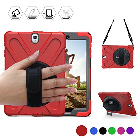 Samsung Galaxy Tab S3 9.7 Case(SM-T820),BRAECN Heavy Duty Shockproof Rugged Armor Three Layer Hard PC Silicone Hybrid Impact Resistant Defender Full Body Protective Case with a Hand Strap (Red)