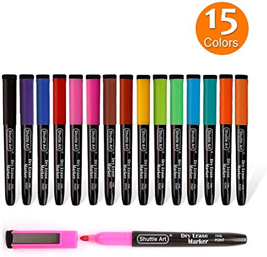 Dry Erase Markers, Shuttle Art 15 Colors Magnetic Whiteboard Markers with Erase,Fine Point Dry Erase Markers Perfect For Writing on Whiteboards, Dry-Erase Boards,Mirrors for School Office Home