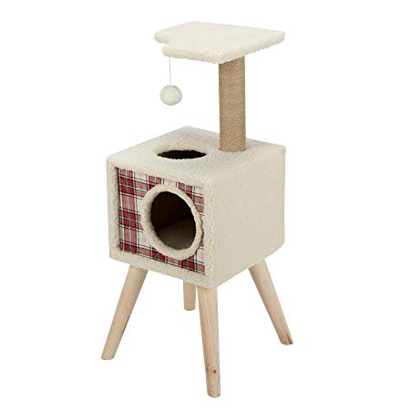 CO-Z White-Lint-Covered Cat Tree with Chipboard Construction, Sisal-Rope-Wrapped Scratching Post and 4 Stabilizing Legs